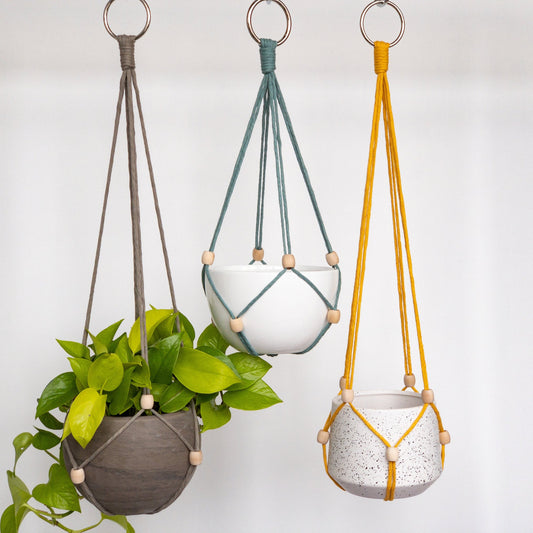 Simple modern macrame plant hangers. No tassel or tail so the bottom is smooth. They have beads that can be moved and down the straps to secure different size pots. Colors featured are taupe, teal and yellow. They are attached to a metal ring.