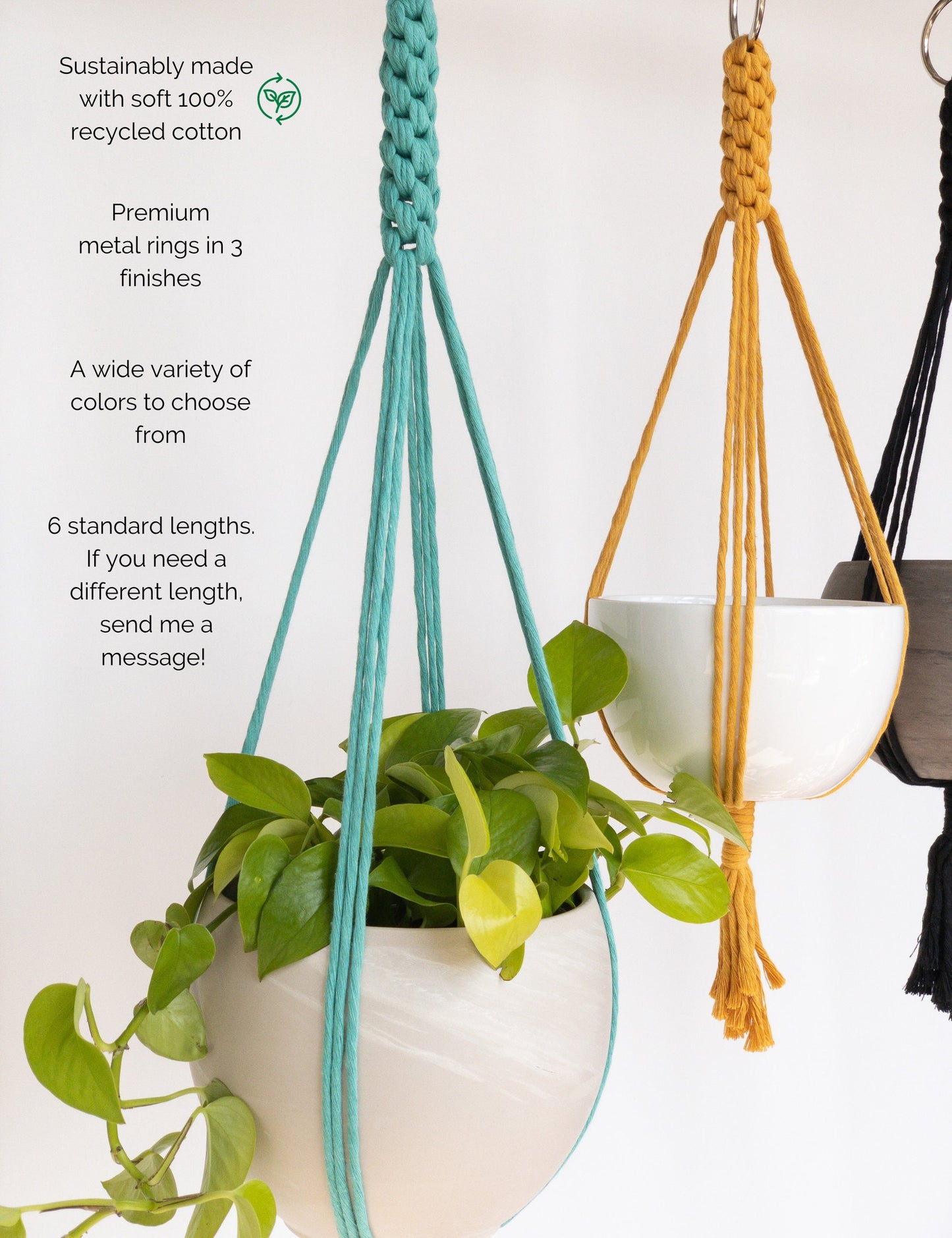 Two plant hangers one in aqua the other in yellow. 