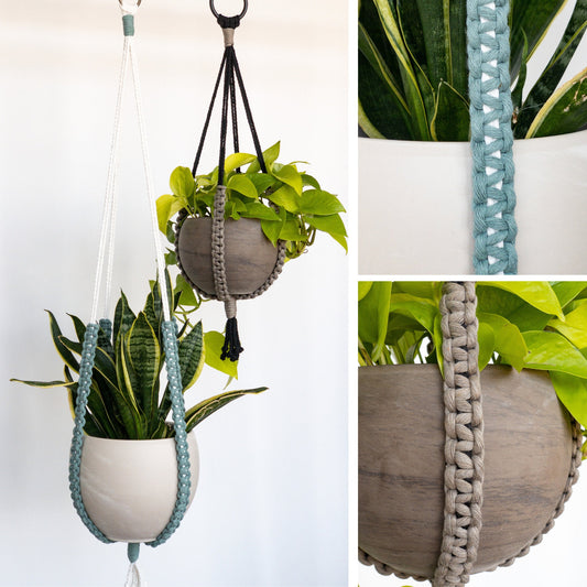 two modern minimalistic macrame plant hangers. They have 4 straight straps supporting the pot. Main strap colors are black or white. The bottom half of the straps have an accent color in a square knot pattern. They have a small tassel at the bottom.